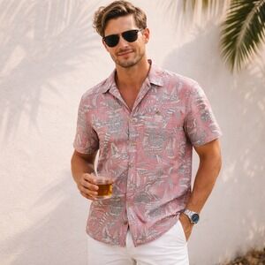 Roark Revival Shirt Mens Large Red Artifacts Print Short Sleeve Button Down